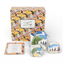 Wedgwood Bizarre by Clarice Cliff, May Avenue three piece Stamford teaset hand painted based upon an original, limited edition 134/250, with certificate and box