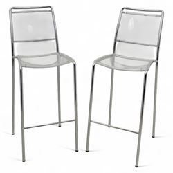 Pair of Italian Lucite and chrome high back stools, with clear moulded seats and backs sup...