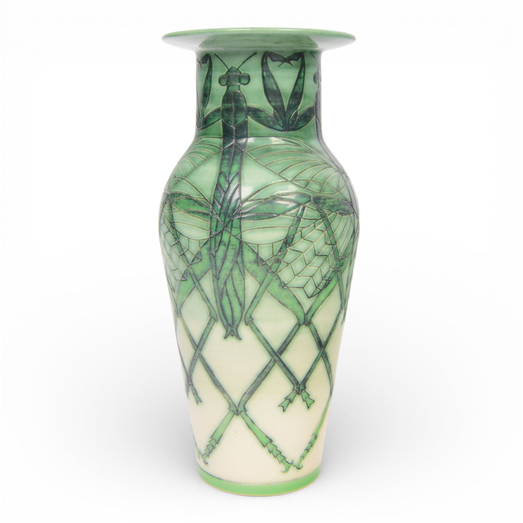 Dennis Chinaworks Praying Mantis vase, designed by Sally Tuffin dated 2005 limited edition no. 12/25, of baluster form with flared rim, decorated with repeating praying mantis pattern upon an ombre green ground, impressed and painted marks beneath, H30cm