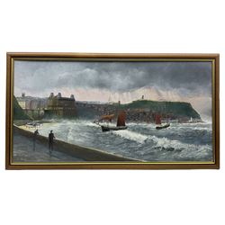 Robert Sheader (British 20th century): Scarborough South Bay from the Spa, oil on board signed 50cm x 98cm
