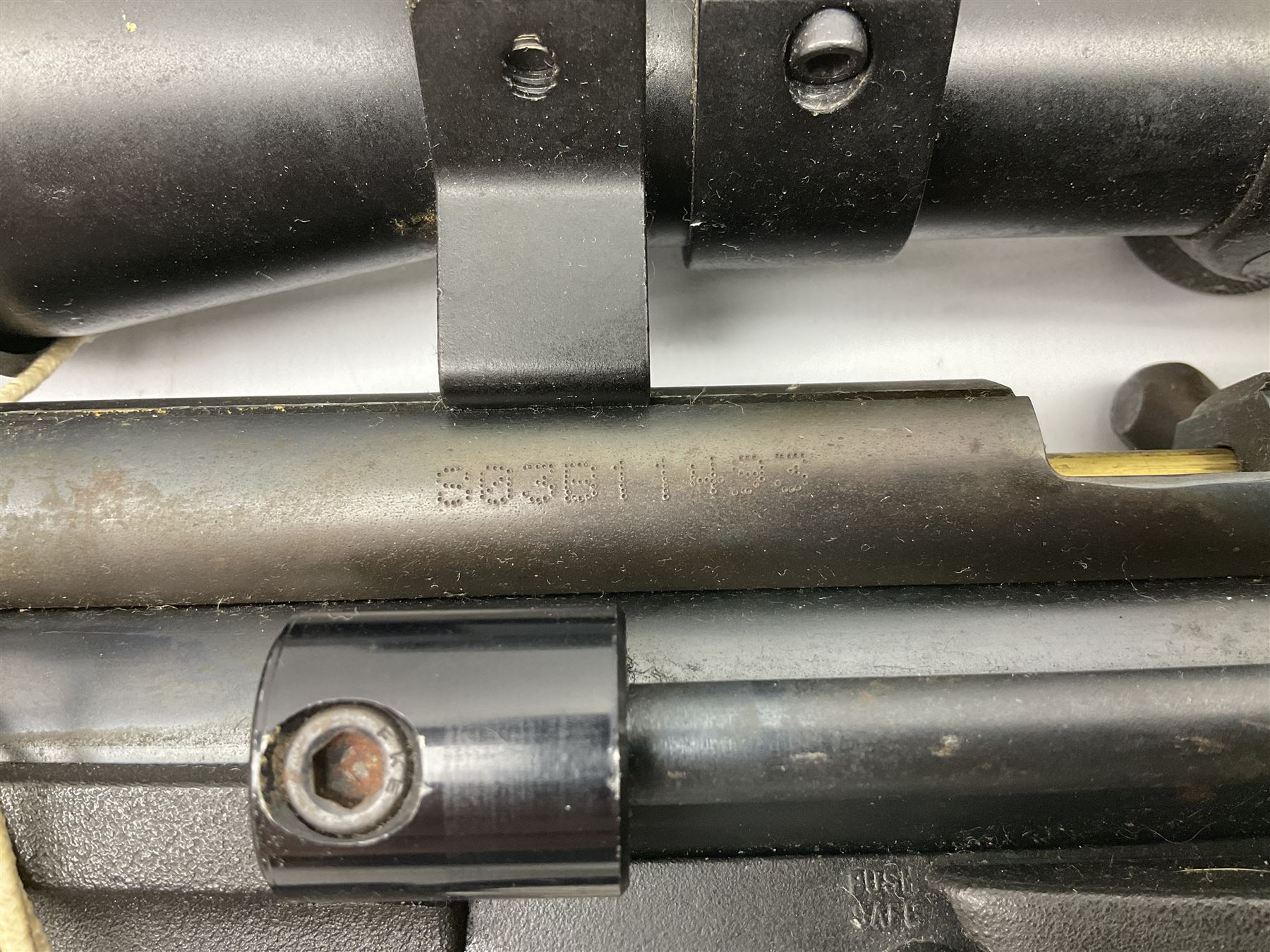 Crosman .22 air rifle with gas cylinder, model AS2250, with bolt action, skeleton stock, moderator and Hawke 4x32 telescopic sight with infra red facility, serial no.803B11493, L88.5cm