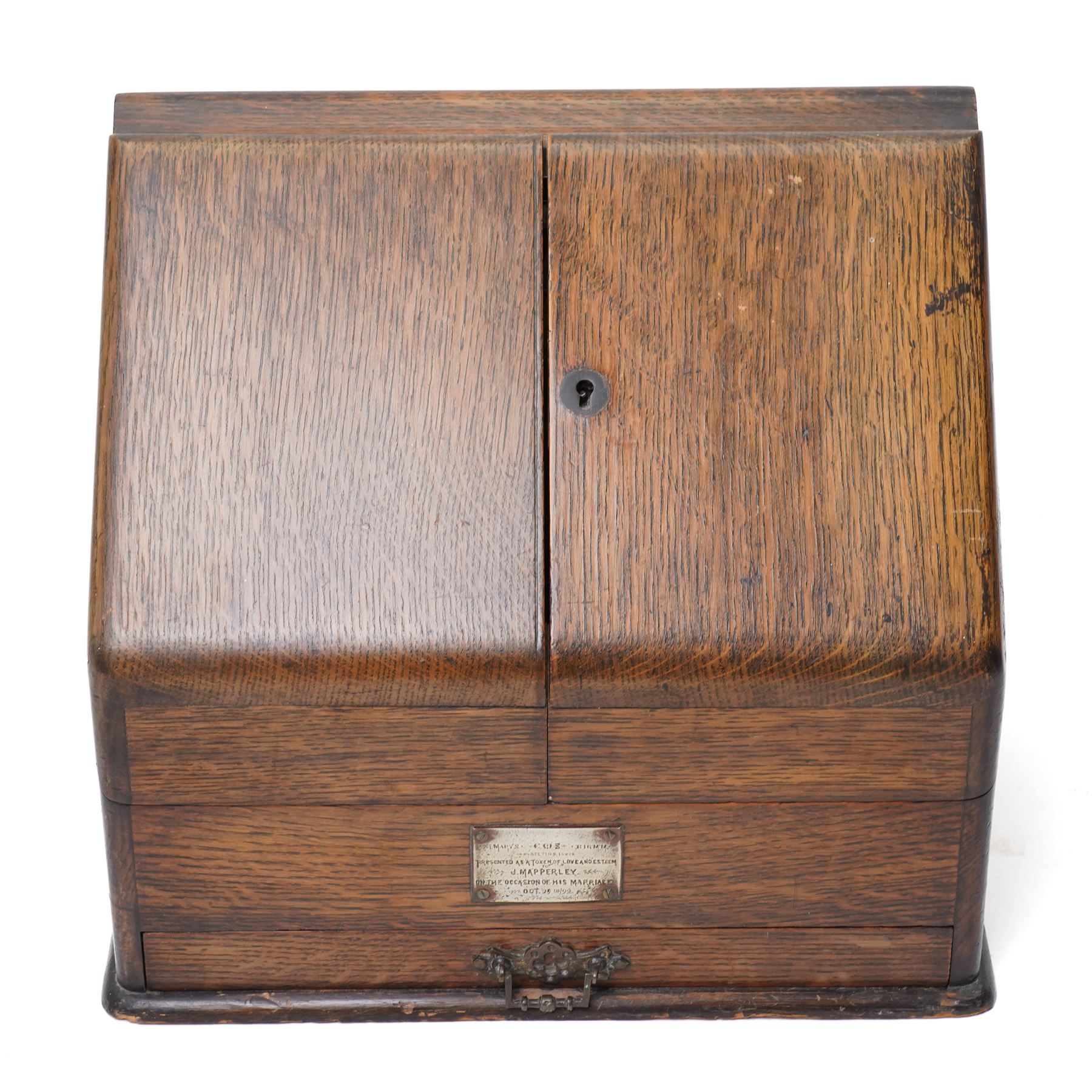 Late 19th century desktop stationary cabinet or writing box with perpetual calendar,  letter rack and pen tray, fitted single drawer, H29cm W32cm