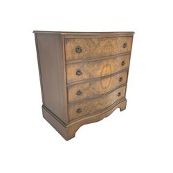 Early 20th century burr walnut serpentine chest, fitted with four drawers, on bracket feet