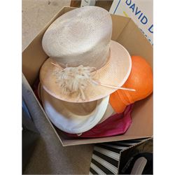 Collection of vintage hats, including fascinators, straw hats, top hat, etc, together with Selfridges and other hat boxes