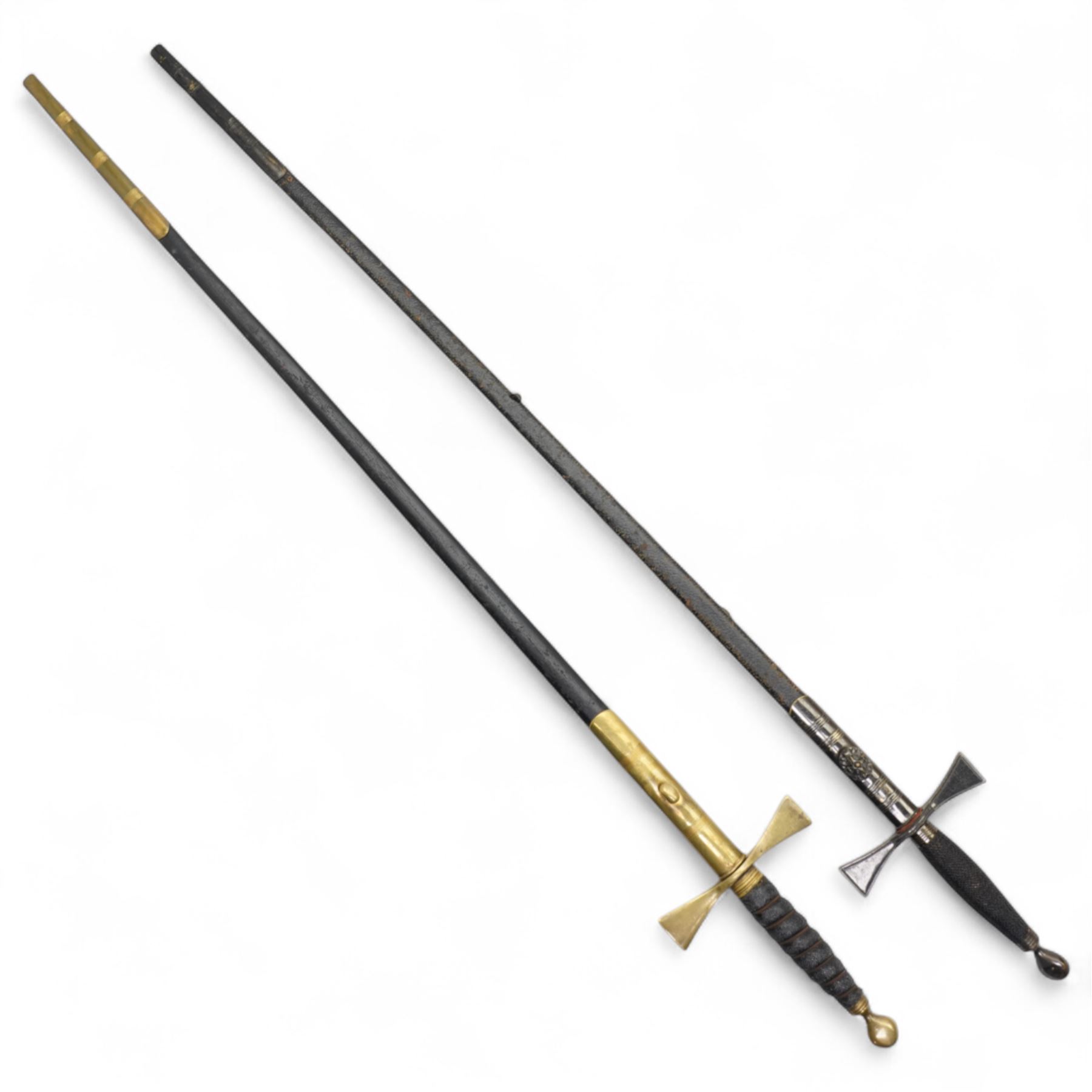 Masonic ceremonial sword with engraved blade, wire wound grip and scabbard and another similar (2)