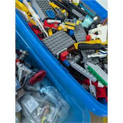 Collection of Lego, including built Bionicles Mistika models with instructions, loose Lego pieces, Lego Beatles Abbey Road canvas print and a Lego head storage box