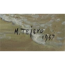 Manuel Tejero (Spanish 19th/20th century): Fishing Boats at Sunset with Campfire on the Shoreline, oil on canvas signed and dated 1937, 65cm x 85cm (unframed)