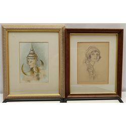 LS (Mid 20th century): Siamese Woman, watercolour signed with initials and dated '49, together with a further pencil sketch of a woman and pair charcoal drawings of Venice, max 17cm x 13cm (4)