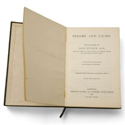 Pulling, F.S. - 'Sir Joshua Reynolds,, published Sampson Low, 1892 and Brock-Arnold, George M. - 'Gainsborough' published Sampson Low 1889, bound together in one volume, full leather with marbled end papers, bookplate of Lionel Montagu, all edges gilt, Ruskin, John - 'The Stones of Venice', volumes 1 & 2 of 3, published by G Allen, 1881 2nd edition, leather and marbled boards, Ruskin, John 'The Stones of Venice' published by G Allen 1893, 1st edition with green boards and Ruskin, John - 'Sesame and Lilies' published G Allen 1895 in soft leather, 'The Essays or counsels Civil and Moral', Routledge 1883 in half leather boards. 'Selections from speeches and writings of Edmund Burke' circa 1890, Tupper, A F 'Proverbial Philosophy' 1838, embossed and gilt leather, all edges gilt and Lord Macauley 'Historical Essays' 1923 