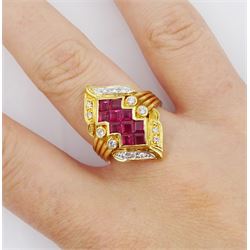 18ct gold square cut ruby and round brilliant cut diamond ring, stamped, total ruby weight 1.80 carat, total diamond weight 0.20 carat