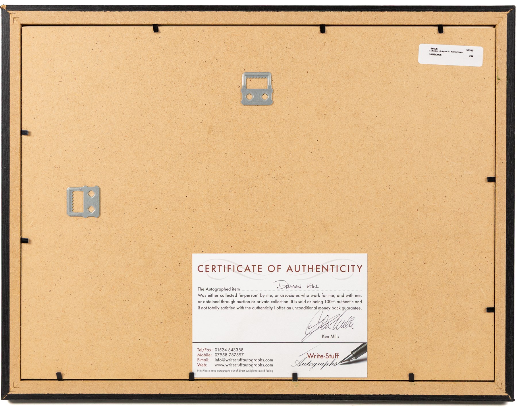 Ten signed Formula 1 photographs, comprising eight Damon Hill examples, Jenson Button and a Nigel Mansell example, nine with certificates of authenticity from Write Stuff Autographs, all framed, largest H47cm, W67cm