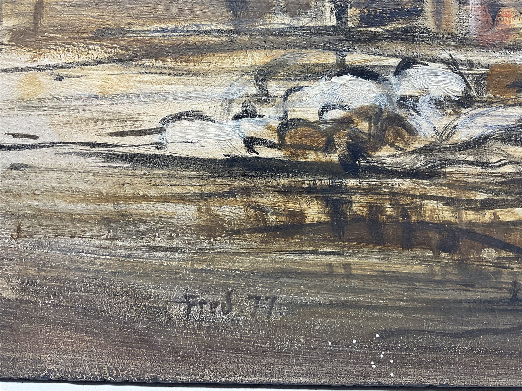 Fred M Atkinson (British 1941-2014): 'Based on Marley Hill Colliery - Between Burnopfield and Whickham', oil on panel signed and dated '77, titled verso 41cm x 101cm (unframed)