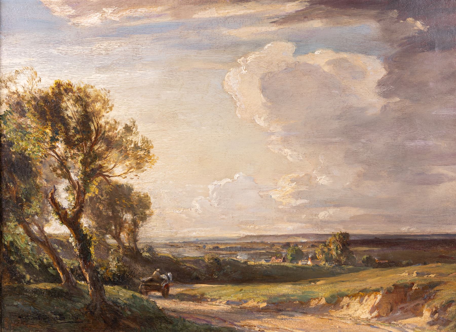 Arthur A Friedenson (Staithes Group 1872-1955): 'A Dorset Valley - Late Afternoon', oil on canvas signed and dated 1921, original title label verso 55cm x 75cm