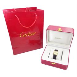 Must de Cartier Tank silver-gilt quartz wristwatch, Ref. 1615, cream dial with Roman numeral hour markers, hallmarked, on leather strap, with Cartier stainless steel fold-over clasp, boxed