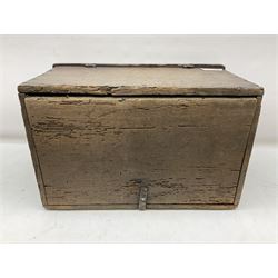 18th century oak iron bound box, with stylised fleur-de-lis escutcheon and hinged lid, lacking key, H25cm W46cm D29cm