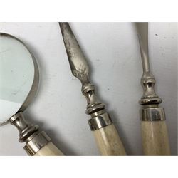 Magnifying glass, letter opener and shoe horn set, with bone handles and silver plated finials 