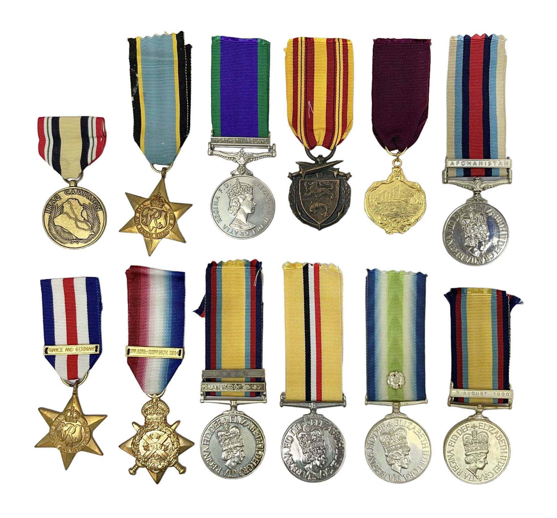 Twelve copy medals including for Operational Service, Gulf Medal, South Atlantic Medal, Iraq Medal, General Service Medal, Air Crew Europe Star, RMS Carpathia etc; all with ribbons (12)