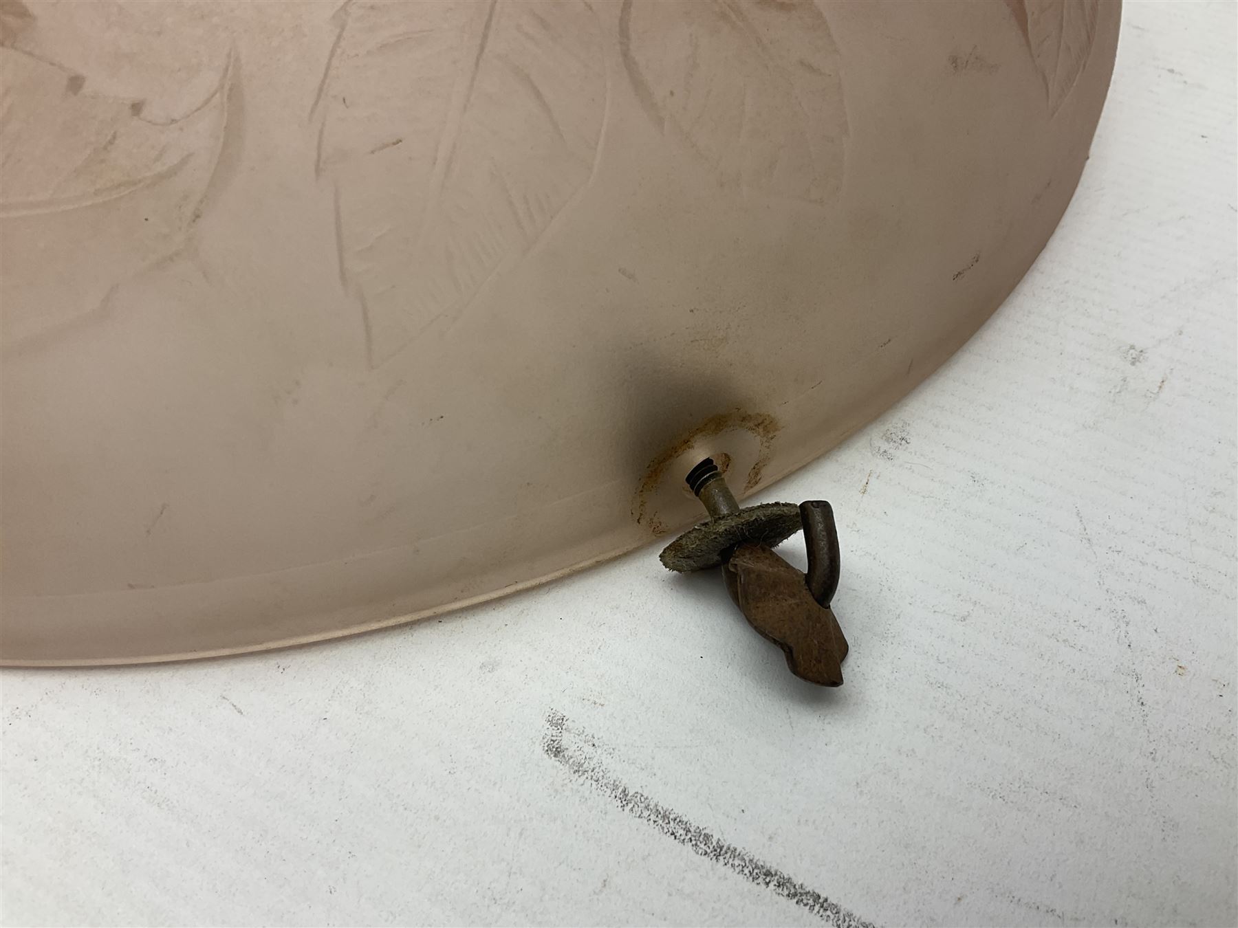 1930s pink frosted glass ceiling light shade, decorated with roses, D