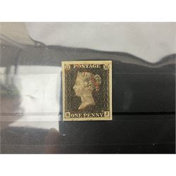 Two Queen Victoria penny black stamps, one with red MX cancel the other with black MX cancel