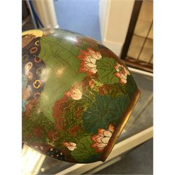 Japanese Cloisonne vase, Meiji/Taisho period, decorated with five haloed figures, possibly the Lucky Gods or Monks, in a landscape detailed with pine trees, lotus flowers and auspicious clouds, beneath a neck with band of fronds, with apocryphal Ming mark beneath, H31cm