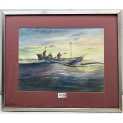 M Whittaker (British 20th Century): 'Dawn in the North Sea - A Filey Coble heads for the Fishing Grounds', watercolour signed and dated 76, titled verso 29cm x 39cm 