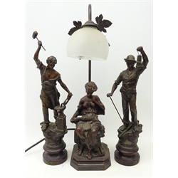  Pair Victorian spelter allegorical figures 'Le Forgeron' & 'Le Meineur' and a bronzed figural table lamp as a lady seated reading, H56cm (3)  