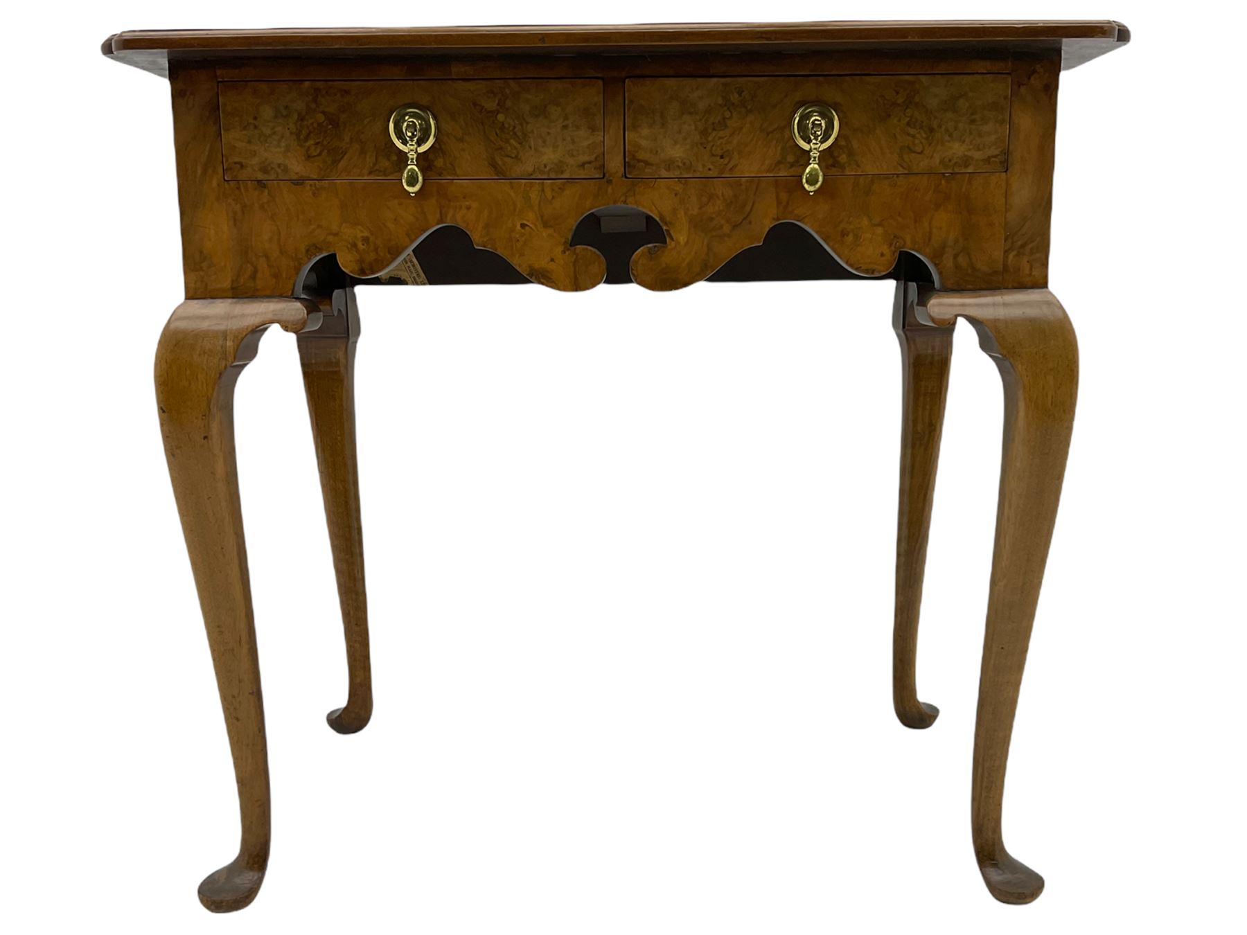 Queen Anne style figured walnut lowboy, moulded rectangular top with band,  over shaped apron fitted with two drawers, on cabriole supports