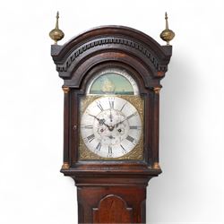 Benjamin Booth of Pontefract - 8-day oak longcase clock c1790. with a stepped broken arched pediment, deep cornice with dog tooth moulding and two brass finials, break arch hood door with flanking reeded pilasters and gesso capitals, trunk with canted corners and a long break arch topped door, on a rectangular plinth with applied skirting, brass dial with rocking ship automata and makers name to to the arch, with bordered cast spandrels and an silvered engraved dial centre, chapter with Roman numerals and five minute Arabic's, matching steel hands , calendar and seconds dials, movement pinned to a rack striking movement with a recoil anchor escapement. With weights, pendulum and key.
Benjamin Booth is recorded as being apprenticed to John Booth of Huddersfield in 1760 and working in Pontefract c1766 until his death in 1806. 