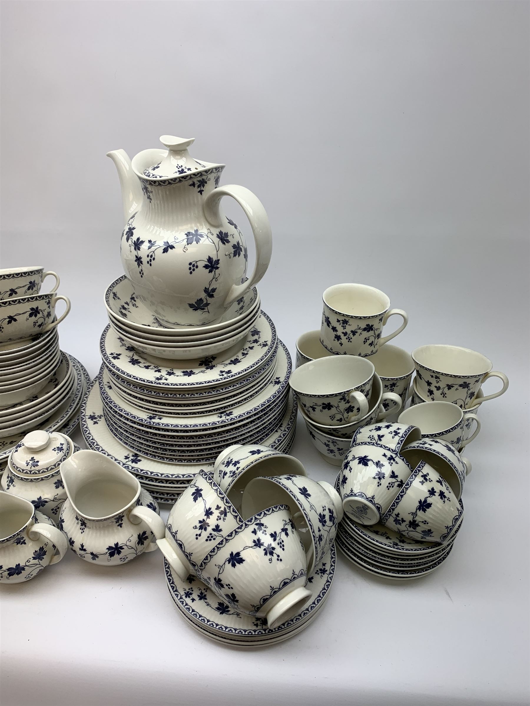 Royal Doulton York Town pattern and Hartford pattern tea and dinner wares, to include six dinner plates, eight salad plates, eight dessert plates, five side plates, eight bowls, nine smaller bowls, four serving plates, eight soup bowls, tea pot, coffee pot, various sized teacups, coffee cups, mugs and saucers, sucriers, jugs, etc. (Qty). 