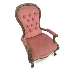  Victorian mahogany framed nursing chair, deep button upholstered back, cabriole legs, W65cm  