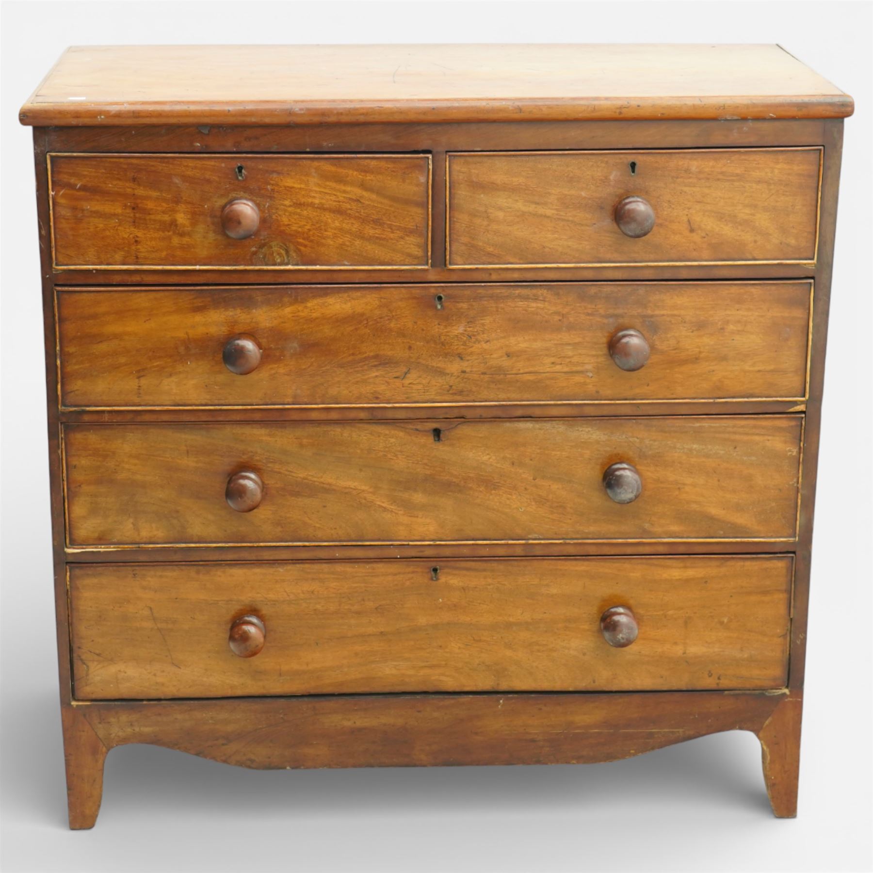 19th century mahogany chest of drawers, two short over three long drawers with turned wooden handles, on bracket feet