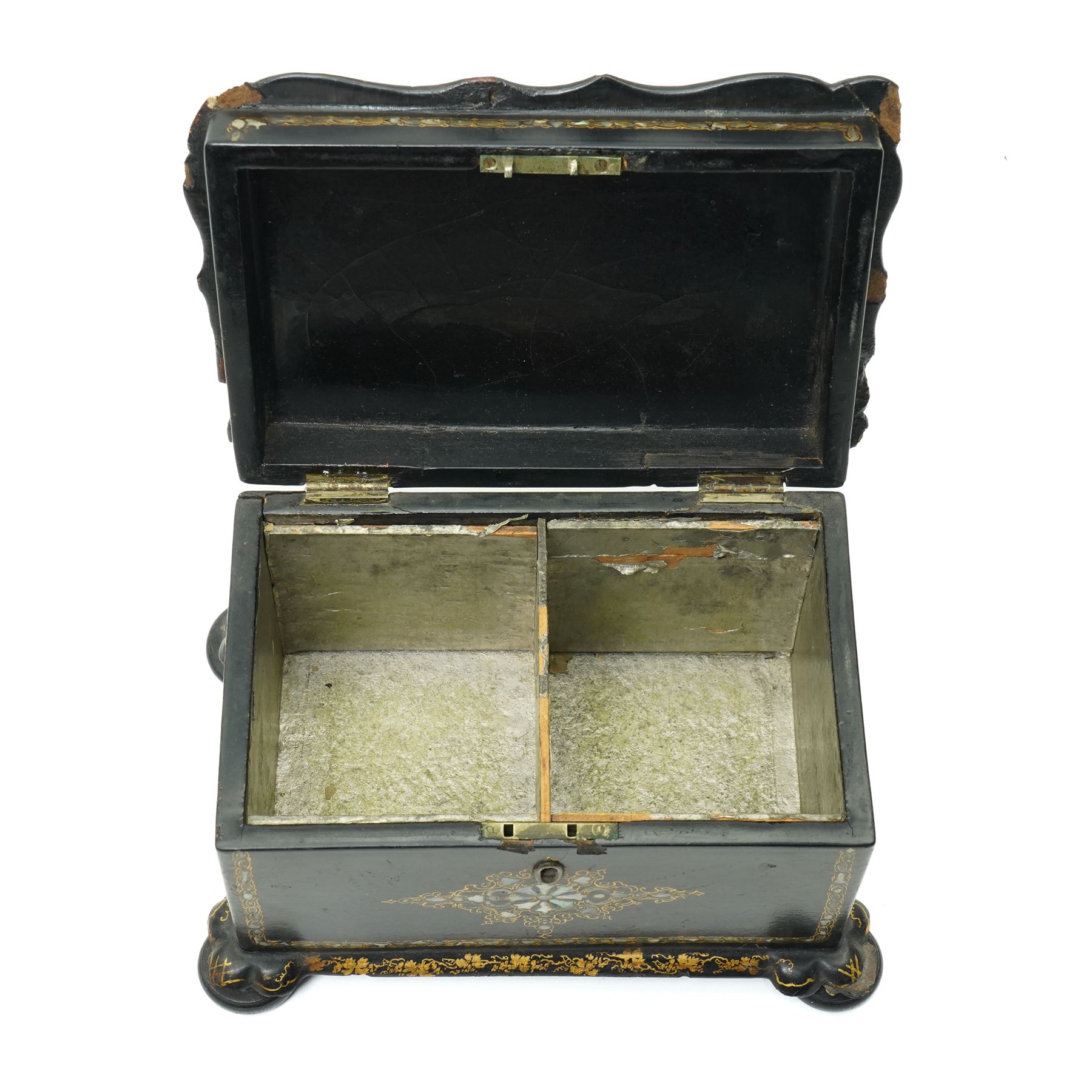 Victorian papier mache tea caddy inlaid with mother of pearl and gilt on compressed bun feet W20cm