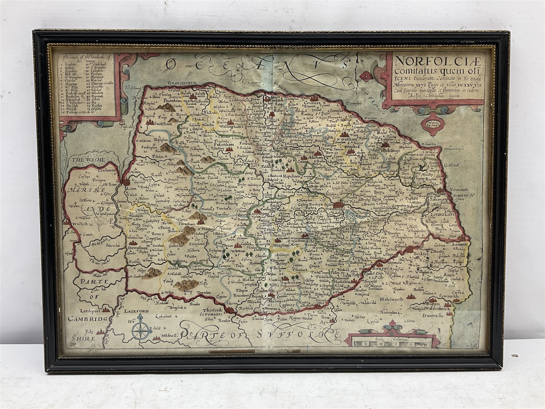William Kip (British fl. 1588-1635) after Christopher Saxton (British 1540-1610): 'Norfolicæ comitatus quem oli icenci' Norfolk, engraved 17th century map with hand-colouring 27cm x 39cm