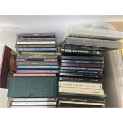 Large collection of VHS tapes, DVDS, CDs to include Queen, James Bond 007, Batman etc, in three boxes