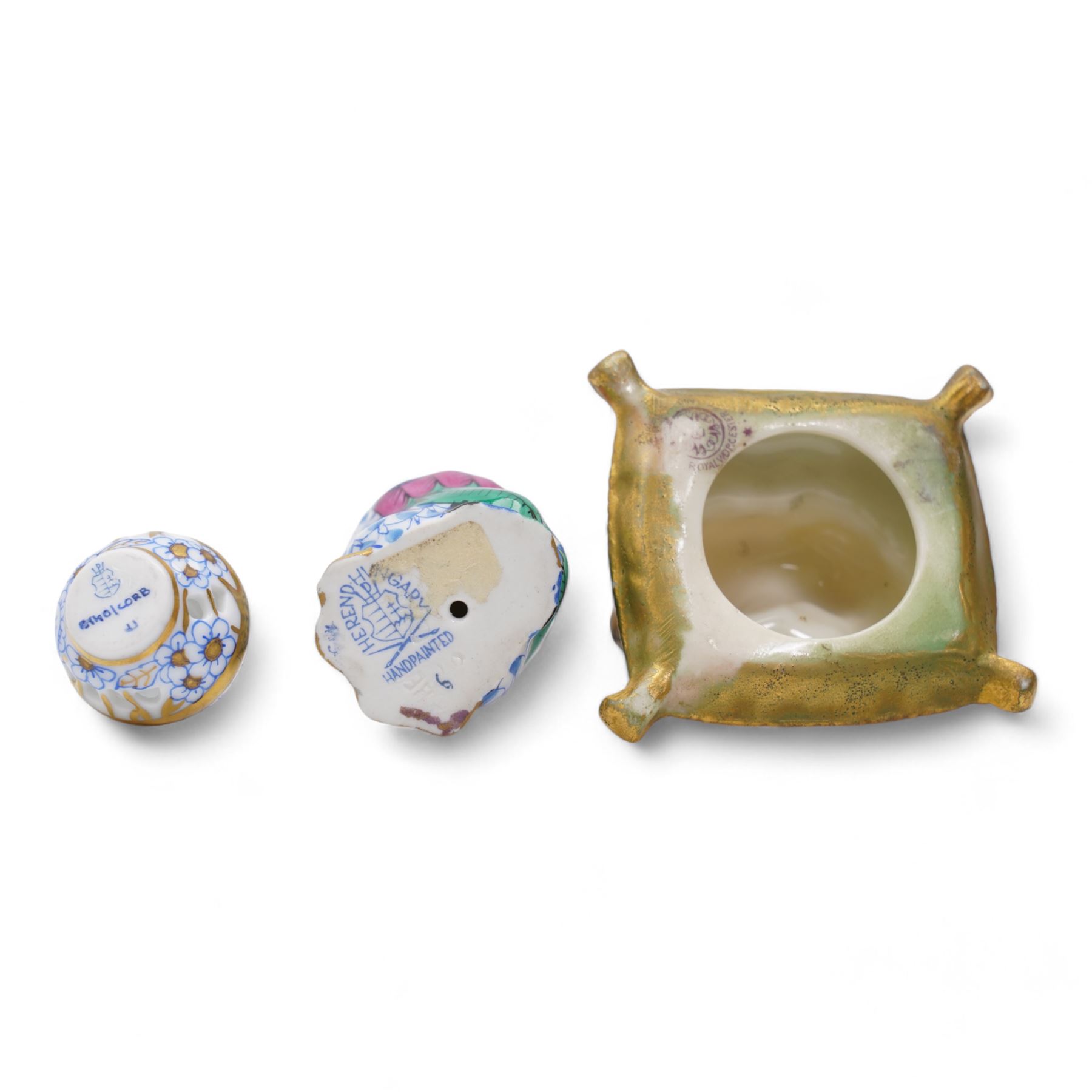 Herend miniature porcelain model of an owl and pierced pendant with 18k gold plate bale, together with an early 20th century Royal Worcester miniature porcelain model of a King Charles Spaniel seated on a cushion, L4.5cm (3)