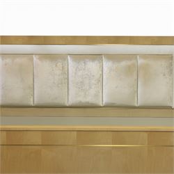 Contemporary maple and inlaid brass Emperor sized four poster bed, rectangular canopy frame with square section uprights, panelled headboard incorporating a padded upholstered inset, flanked by brass reading light fittings, low footboard with moulded panel detail, raised on square inlaid brass supports