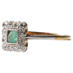Early 20th century gold emerald and diamond cluster ring, stamped 18ct & Plat