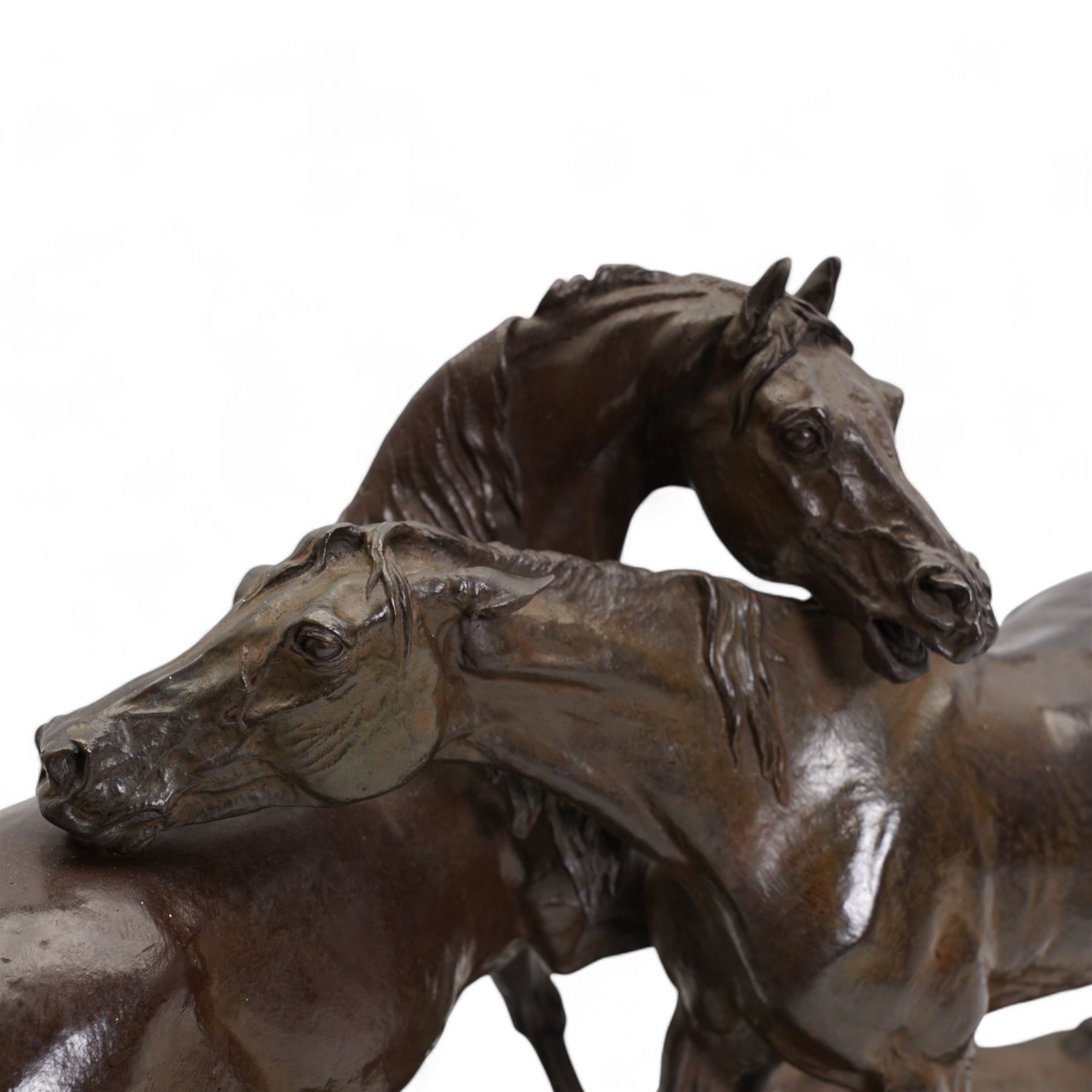 After Pierre-Jules Mene (1810-1879) - 'L'Accolade' (The Embrace) a bronze group of two horses with their necks crossed standing on a shaped oval base signed 'P J Mene' H36cm x W51cm