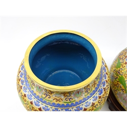  Pair 20th century Chinese Cloisonne Ginger Jars, the cover with gilt Dog of Fo finial on hardwood stands, H27cm  