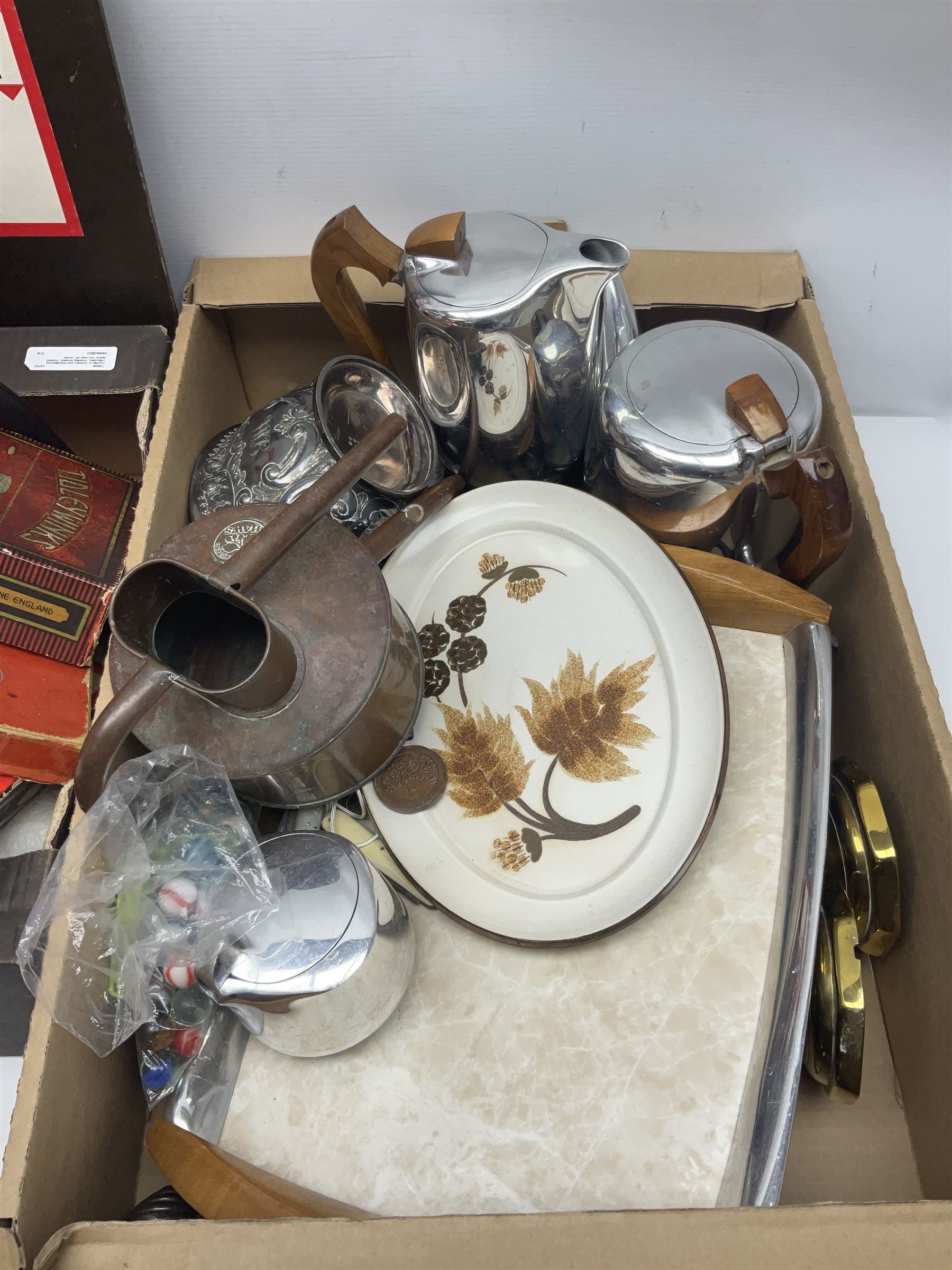 Piquot ware tea set, together with brass candlesticks, fireside tools and other collectables, in two boxes  