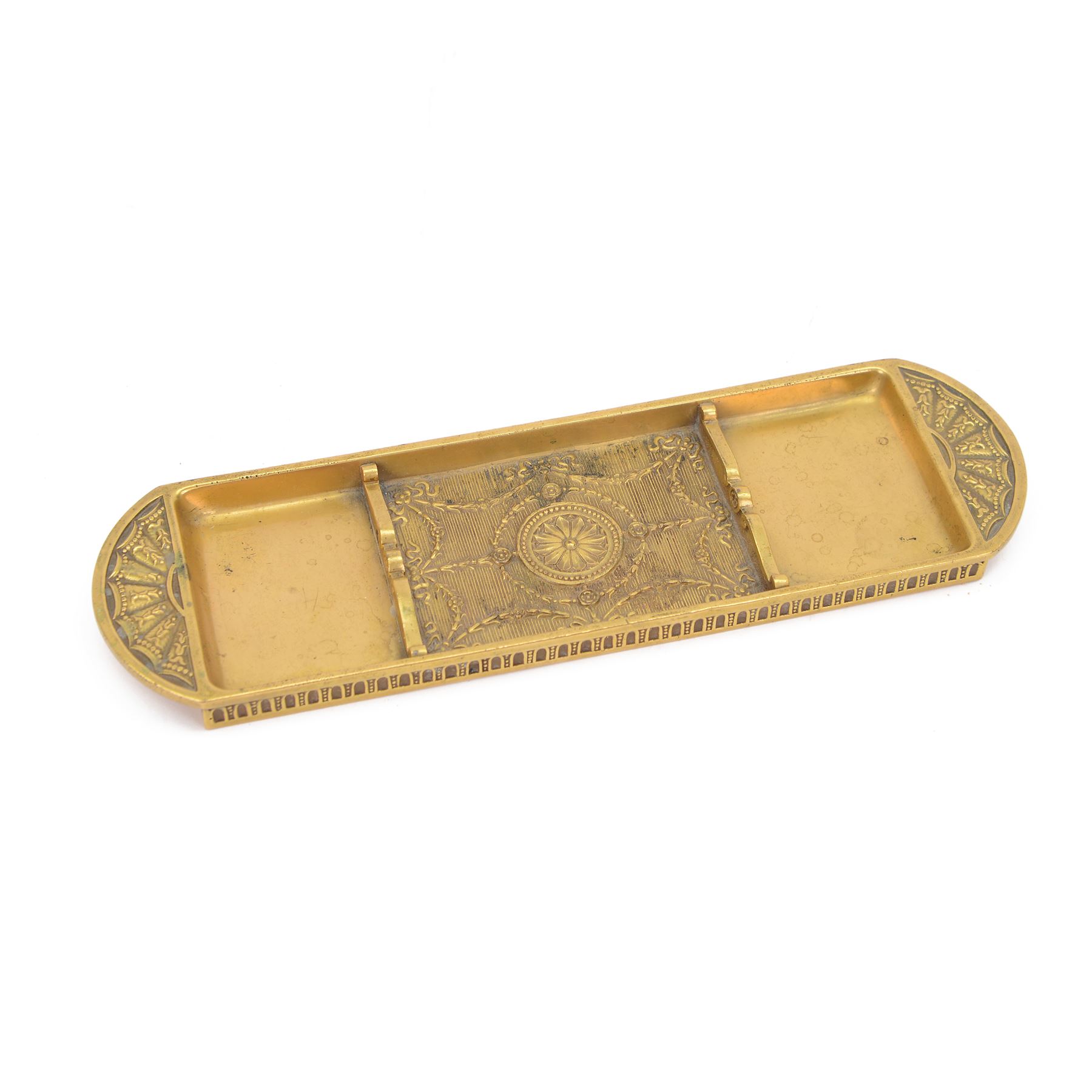 Early 20th century Tiffany & Co three piece gilt bronze Adam pattern desk tray, of oblong form with three divisions, decorated with patera and husk swags, stamped beneath Tiffany Studios New York, inkwell H6.5cm W10.5cm, tray W24.5cm
