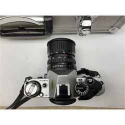 Canon Camera body AE1, serial number 3149643, with 'Canon Zoom Lens 28-55mm 1:3.5-4.5', 'Takumar-a zoom 1:3.5-4.5 28-80mm' lens, two other lenses, camera accessories and a hard flight case   