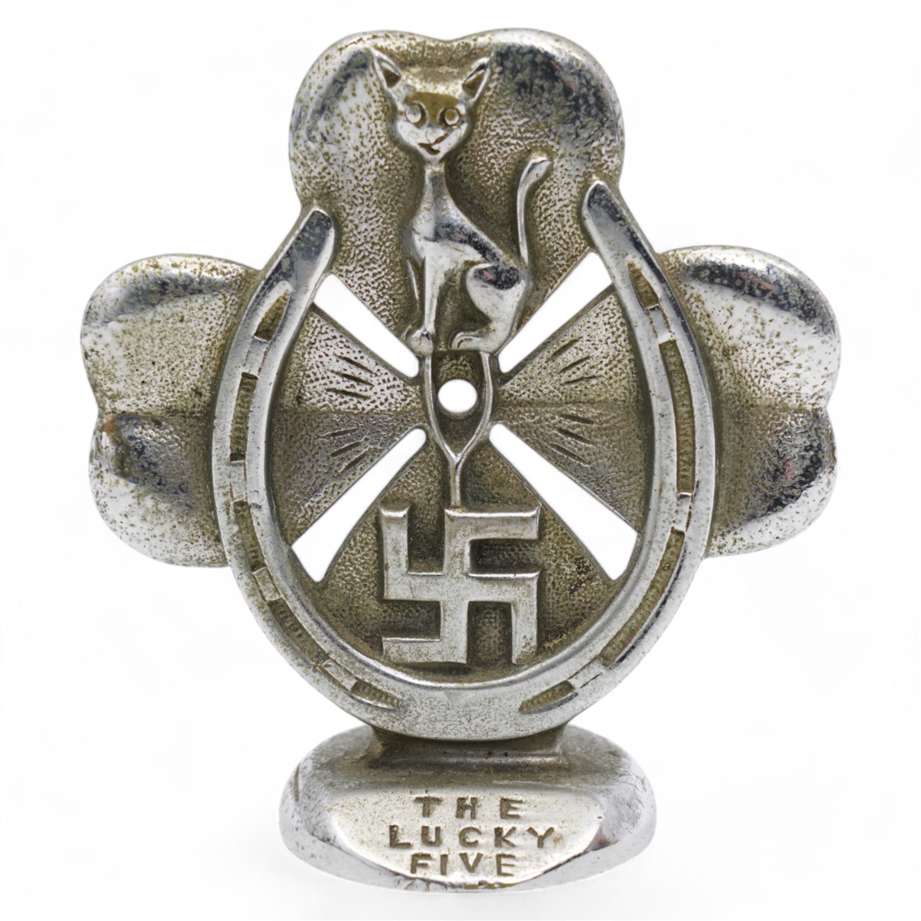 'Lucky Five' car mascot, featuring the five symbols of good luck comprising horseshoe, black cat, wishbone, four leaf clover and a swastika, first registered in 1923, H11cm 