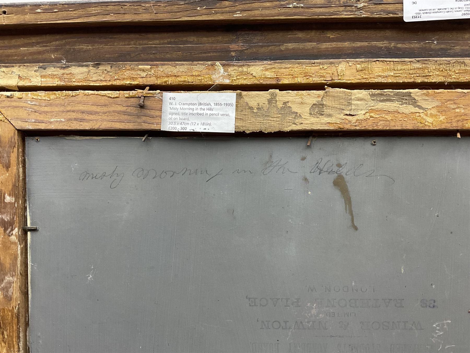 William James Smith Crampton (British 1855-1935): 'Misty Morning in the Hills', oil on board signed, titled verso 29cm x 45cm