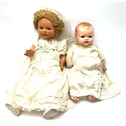 Seyfarth & Reinhardt composition head baby doll with moulded hair, sleeping flirty eyes, open mouth with one tooth and tongue and soft body with composition jointed limbs, marked 'SuR Germany 30/5' H47cm; together with a Golborne Dolls 'Golborne Beauty' composition head and body bride doll, marked 'F.P.23' in original box H63cm (2)