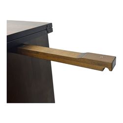 Laura Ashley - contemporary 'Garret' birch and dark chestnut finish bar cabinet, rectangular top with fold-out sides, double front doors enclosing shelving, wine racks, and glass storage, built-in stemware racks and bottle compartments, raised on plinth base