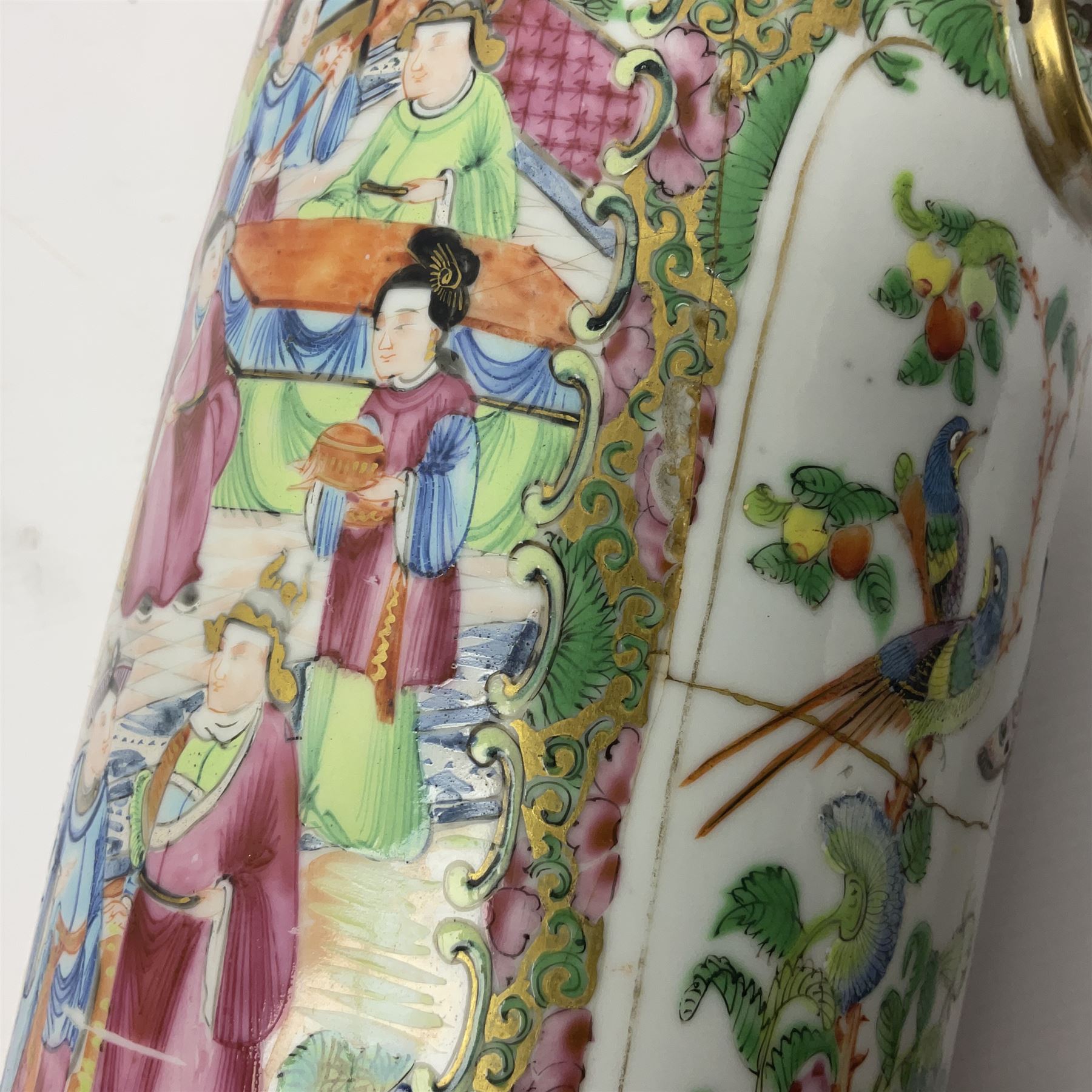 19th century Chinese Canton famille rose vase, converted to a table lamp, of shouldered cylindrical form, with twin gilt lion mask ring handles, the body decorated with four alternating panels of figural scenes and birds and insects, H31cm excluding fitting