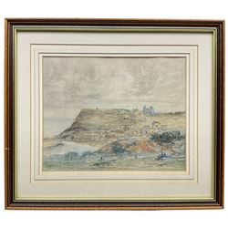 English School (Early 19th century): Whitby , watercolour signed and dated '28, 20cm x 25cm
Notes: this depicts Whitby pre-development of the West Cliff, the Church tower is shown before its collapsed and the Abbey is pre bombardment. The Spa ladder connects to the East Pier and the shelter is visible.