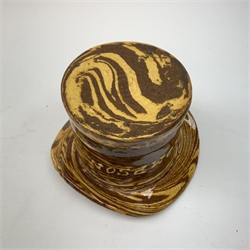 Edwardian silpware jar and cover, modelled as a top hat, inscribed E. Thompson 1901, the associated lid surmounted with hen and chicks, L14.5cm  