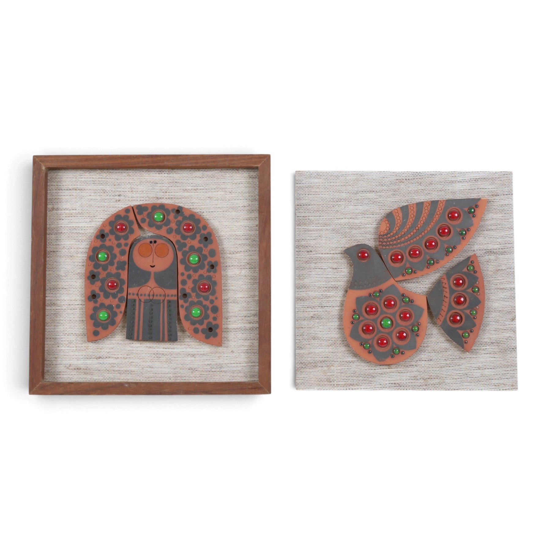 Two 1960's Hornsea pottery Muramic plaques designed by John Clappison, comprising framed example in the form a stylised figure of a lady and an unframed example in the form of a bird, H45cm